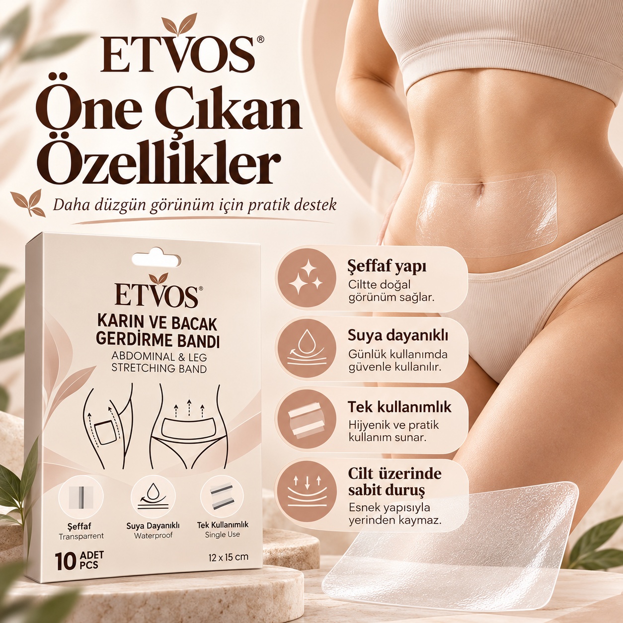Karın ve Bacak Gerdirme Bandı – Şeffaf, Suya Dayanıklı, Tek Kullanımlık | 10 Adet 12×15 cm